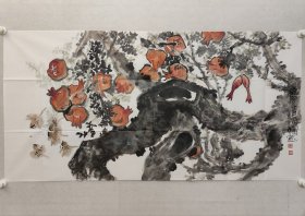 西安名家，吴彦成花鸟画四尺整张69*138cm《秋实.石榴》，软片。吴彦成，中国美术家协会会员，中国国家书画院副院长，西安市青年美术家协会副主席，西安中国书法院副院长。（保真书画）