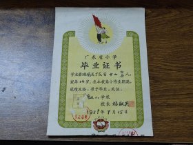 璐瑜之一：1959年广东省小学毕业证书（中山县北溪乡曹边小学）