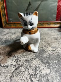 70年代左右，黑色招财猫旧壶，磕
