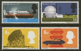 英国邮票1966年科学技术4全 天文望远镜捷豹汽车气垫船原子反应堆
