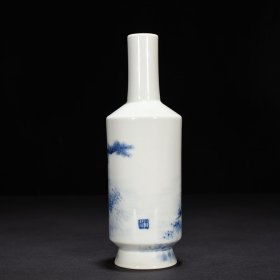 民国竹溪道人王步青花人物纹棒槌瓶22*6厘米