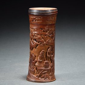 旧藏老竹雕人物故事盖筒尺寸：高12.2cm宽4.8cm重60g