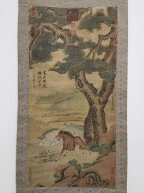 赵孟頫 画 赵孟頫字画 赵孟頫立轴中堂画 元代老字画宫廷画 古画一幅纯手绘 家里旧藏字画 元代•赵孟頫【松荫双马图】：画芯63x127cm，老画老裱。