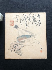 日本舶来 手绘作品 色纸镜心 名家合作 款竹内栖凤画 富冈铁斋题跋