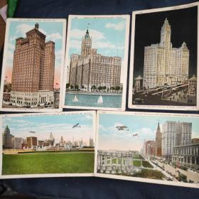 民国美国芝加哥街景大楼空白明信片5张合售