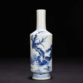 民国竹溪道人王步青花人物纹棒槌瓶22*6厘米