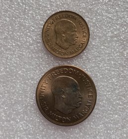 塞拉利昂1964年1分1/2分2枚铜币米尔顿爵士 20-25mm 未流通 有氧化