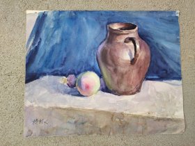 杨维义作品：静物水彩画一幅(苹果、陶罐)。