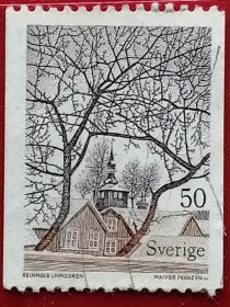 瑞典邮票 1973年 普通邮票 吕恩格伦画 特罗赛街景 大树 教堂 1全信销