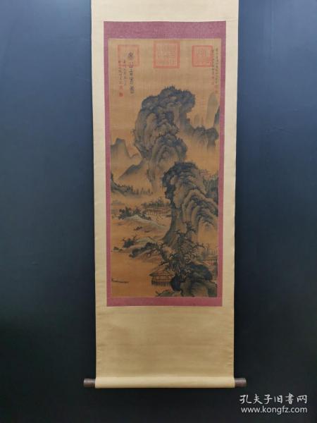 旧藏明，文徽明，唐寅，仇英合制，精品绢本：寒山古木图45x105