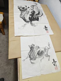 高希成（笔名；马村、甘肃武威人、甘肃美协会员）“牛”画作品【两幅合售】