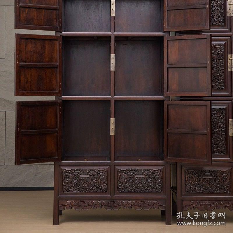 二十世纪 红木浮雕螭龙捧寿三层书柜中式古典家具收藏红木储物柜