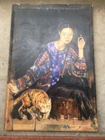 《女人和猫》手绘油画78X51cm.【保真】1张【壹】