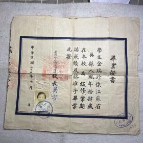 苏州女子师范学校教务处.吴县私立万滨小学校， 民国吴县老毕业证书。校长：吴雷、万滨小学创建于1947 年。在苏州胥门外 万年桥大街。