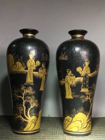 木胎漆器描金花一对