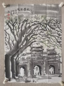 李小可先生国画山水一幅《水墨古城》图 尺寸68x45厘米 保真