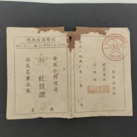 1954年陕西省咸阳市泾阳县第4区坊南村信用合作社社员证