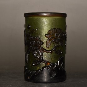 琉璃浮雕花纹笔筒文房用品摆件