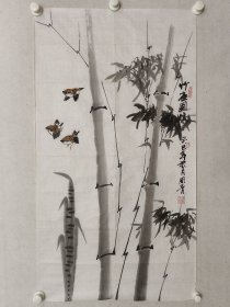 保真书画，画家，周青《竹雀图》99*55cm，软片，490元包邮。画心有破口，托裱一下就好，品相如图。