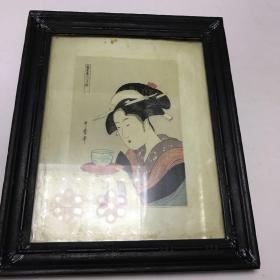 日式玄关墙面装饰画挂画仕女图 木框画