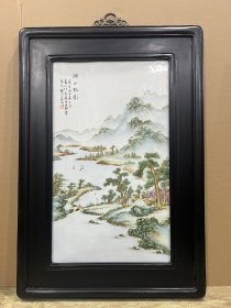 黑檀木珠山八友“汪野亭”湖山帆影 山水瓷板画