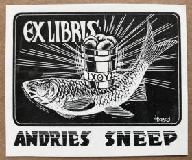 荷兰早期动画片电影导演 美术师 亨克·卡博斯 锌版藏书票原作 饼和鱼