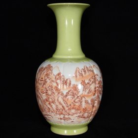 清乾隆矾红山水纹瓶，32×17，