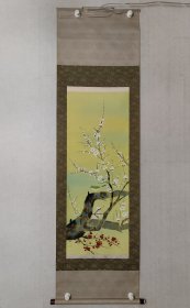 日本老画一幅，观山《梅花小鸟》102*39cm，原装裱立轴。