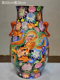 美品·款识“大清乾隆年制”精工细作满工描金掐丝珐琅彩龙凤穿花纹象耳尊。