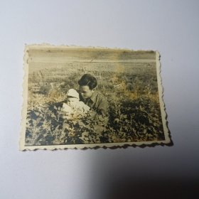 老照片–年轻父亲怀抱小孩在野外草丛中留影