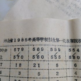 湖北省1985年高等学校招生第一批录取院校第一志愿各分数段人数统计表 油印本 十多页