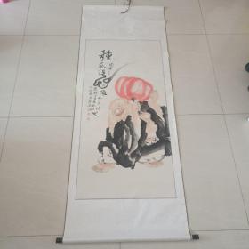 著名书画家 : 何奕兴  国画精品（种瓜得瓜）图4尺整纸  立轴 保真