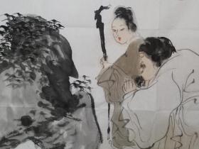 保真书画，山东美协理事，优秀人物画家，王敬易《拜石图》，人物画一幅，软片，尺寸70×69cm。