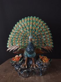 旧藏，石湾窑，手工制作，孔雀开屏，花开富贵，长45，宽23，高51cm