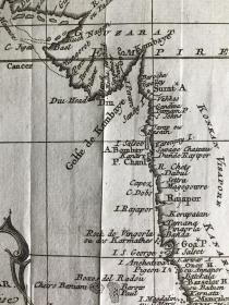 1752年，雅克 尼古拉斯 贝林（Jacques Nicolas Bellin）《波斯海岸 古吉拉特邦 马拉巴尔地图》法语，极为珍贵高质量的古版波斯海岸，印度、巴基斯坦西海岸，阿曼湾及马尔代夫群岛等等详细地图。雕刻师：雅各布斯 范德斯利（Scheley Jacobus Van Der,）防酸纸，23x28.5cm。