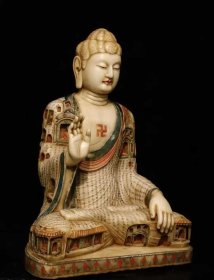 （议价） 唐汉白玉彩绘大佛雕刻石窟楼阁高106cm宽77cm厚50cm