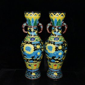 明代永乐珐华彩狮纹象耳瓶一对 古玩古董古瓷器老货收藏