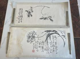 【铁牍精舍】【版画精品】【版画片37】六十年代朵云轩绫裱原装木版水印黄慎花草镜片2幅，画芯60x27cm。黄慎（1687—1772），福建宁化人，初名盛，字恭寿，恭懋，躬懋、菊壮，号瘿瓢子，别号东海布衣。家贫，遂学画，擅长人物、山水、花鸟。