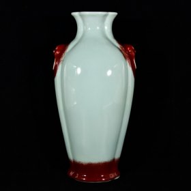 大清乾隆年制松柴烧窑变霁青霁红釉兽耳海棠尊瓶 高36.5宽18.6厘米2