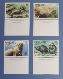 瓦努阿图 1988年 世界野生动物基金会邮票 WWF 儒艮 4全新 带厂铭过桥边