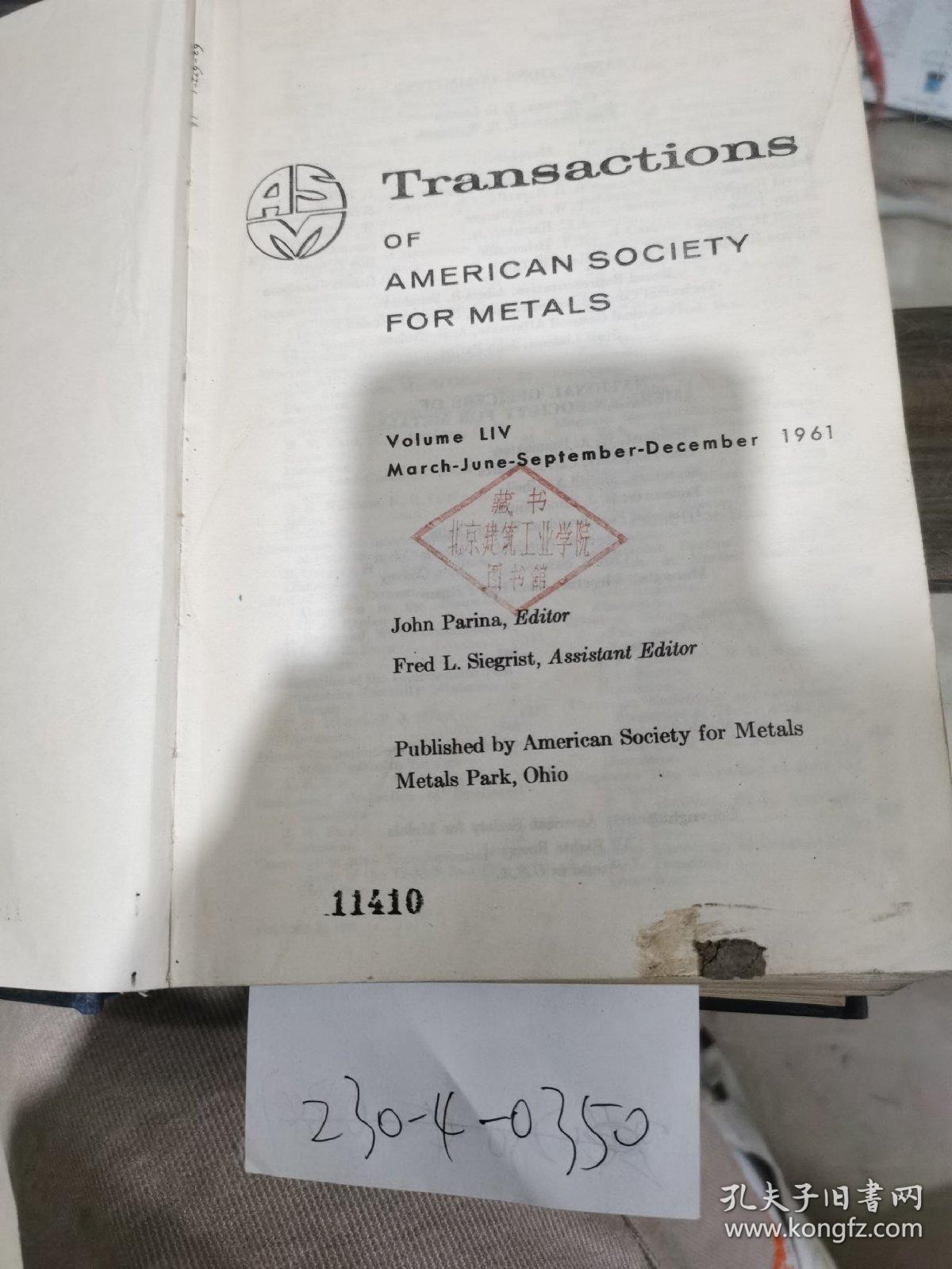 transactions of american society for metals 1961年