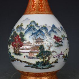 清乾隆矾红描金通景粉彩山水纹蒜头瓶 30×14厘米
