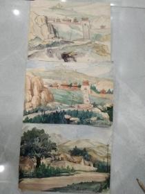 60年代画 水彩画3副《泰山村景》《泰山西神门》《不详》