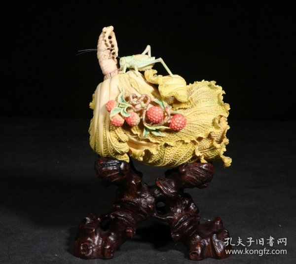 精品.旧藏.雕加彩手工雕刻“百财”白菜摆件