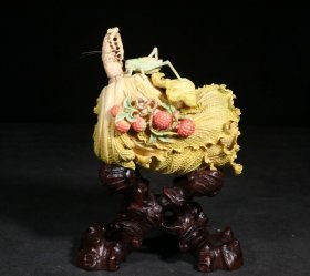 精品.旧藏.雕加彩手工雕刻“百财”白菜摆件