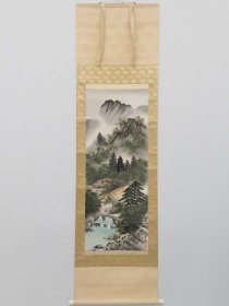 字画挂轴文房用品 装饰 家居 手绘 高级绫裱 桐木箱装 彩色山水图 中村青潮作 日本回流 海外淘购