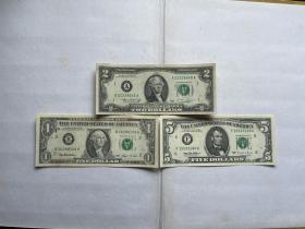 美元，1、2、5美元，全新品，2美元1976年版建国200周年纪念稀少品，付邮费6元，下单改运费