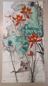 Z 615号 甘肃籍青年画家（李国盛）纸本手绘《荷塘双鸭》花鸟 未装裱画片！得自作者本人保真！