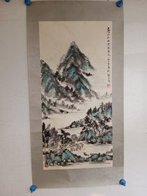 杨石朗，水墨手绘山水画一副，镜心旧裱，尺寸75x36厘米