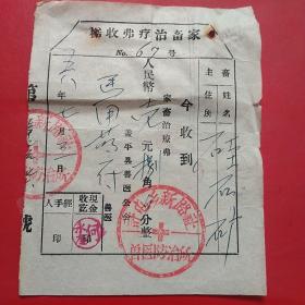 1958年7月3日，许屯乡新路社兽医防治所，马用药（生日票据，医疗医院类收据）。（6-8）